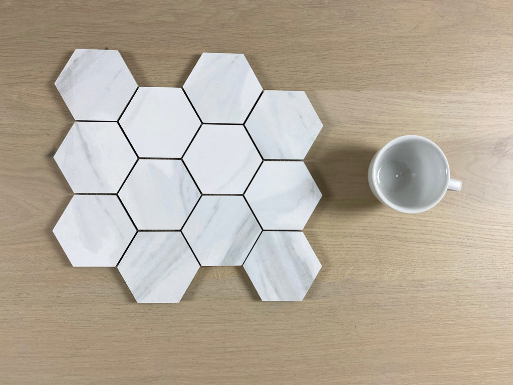 Estilo Calacatta-look 328x262mm Polished Hexagon Mosaic (11 sheets, 0.95m2 box)