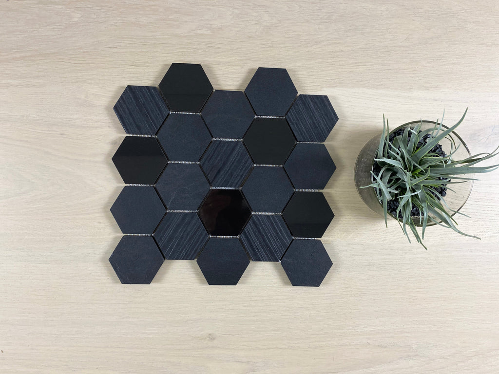 Marmo Black 330x340mm Hexagon Honed Mosaic (11 sheets, 1.23m2 box)